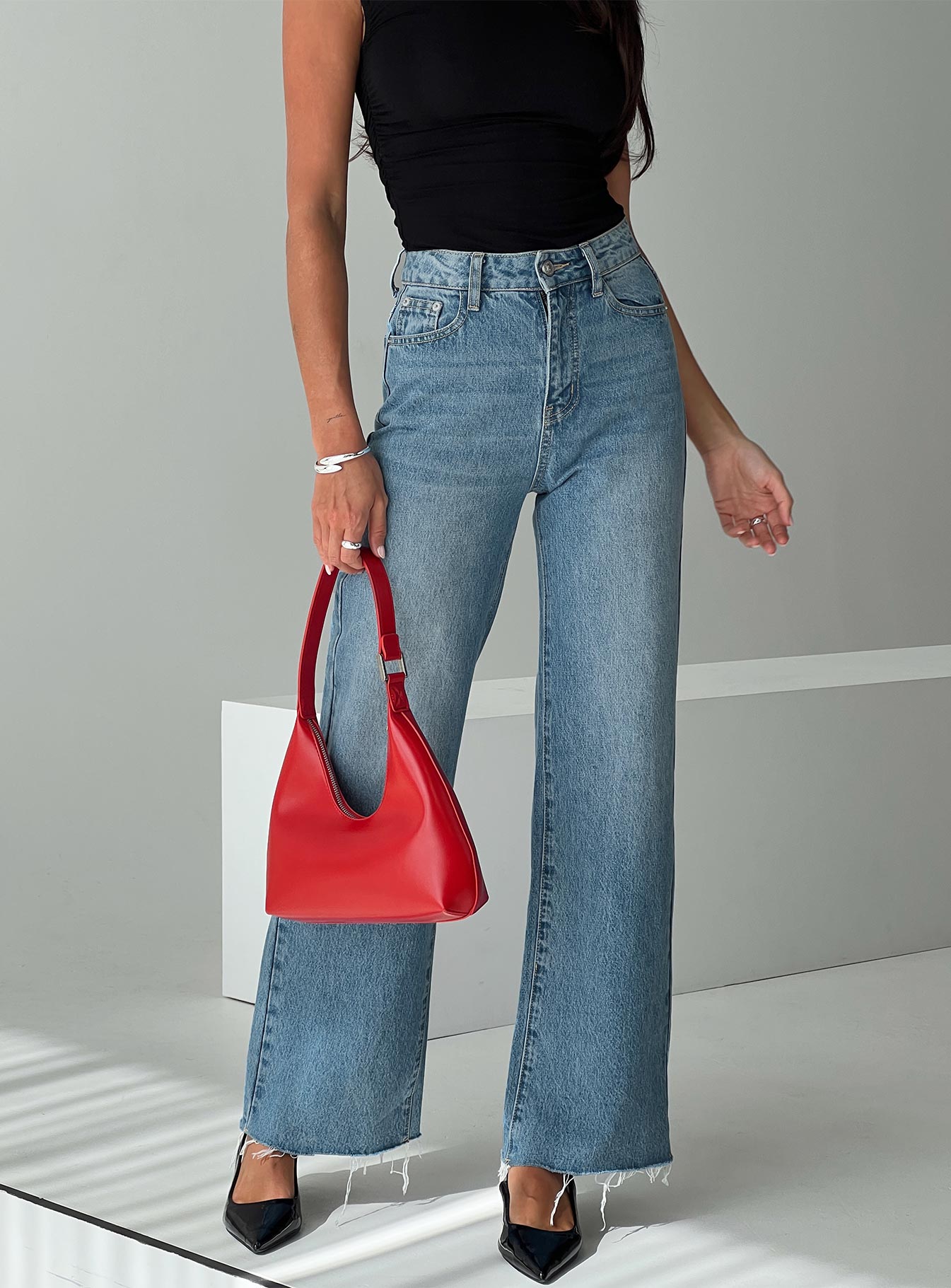 Henesey High Rise Straight Leg Jeans Mid Blue Wash women's denim jeans by Ellevoria