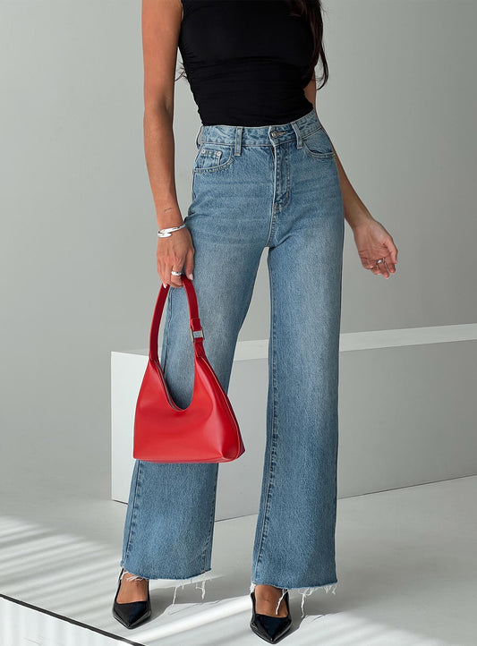 Henesey High Rise Straight Leg Jeans Mid Blue Wash women's denim jeans by Ellevoria