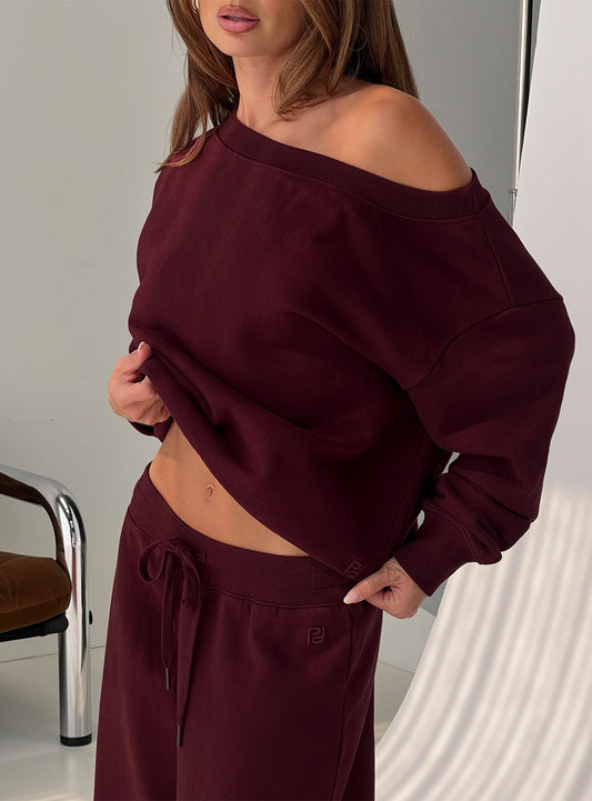 Wellness Off the Shoulder Jumper Currant women's sweater by Ellevoria