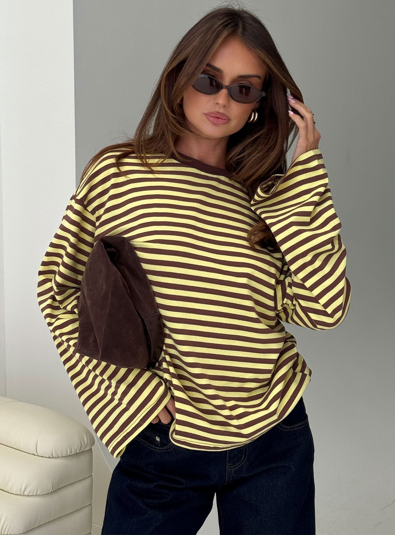 Settle Down Long Sleeve Top Yellow / Brown Stripe women's two piece set by Ellevoria