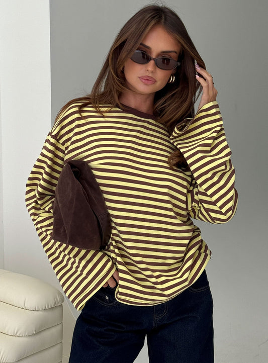 Settle Down Long Sleeve Top Yellow / Brown Stripe women's two piece set by Ellevoria