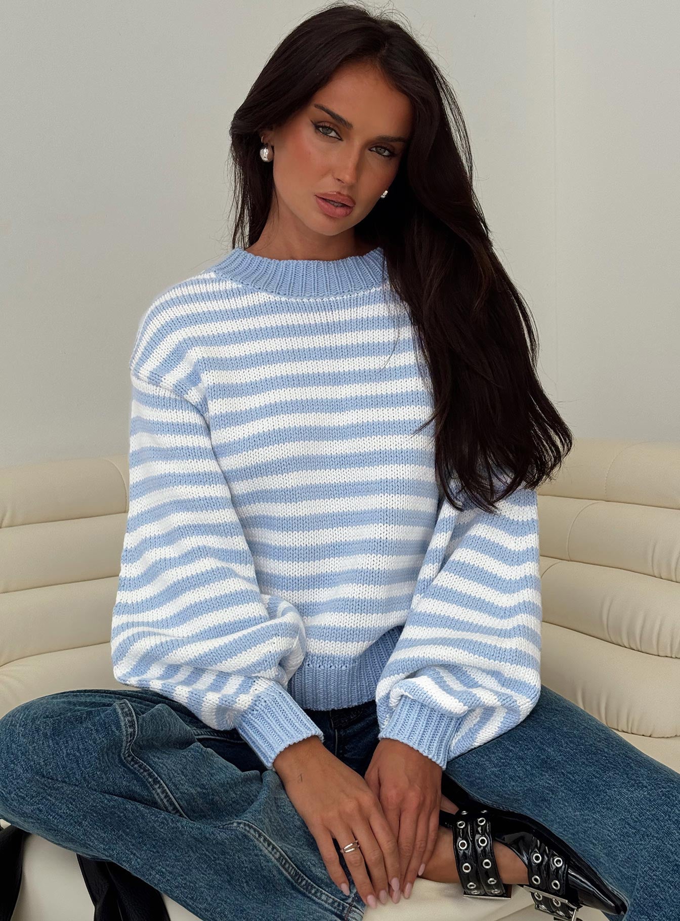 Harmony Balloon Sleeve Knit Sweater Blue / White Stripe women's sweater by Ellevoria