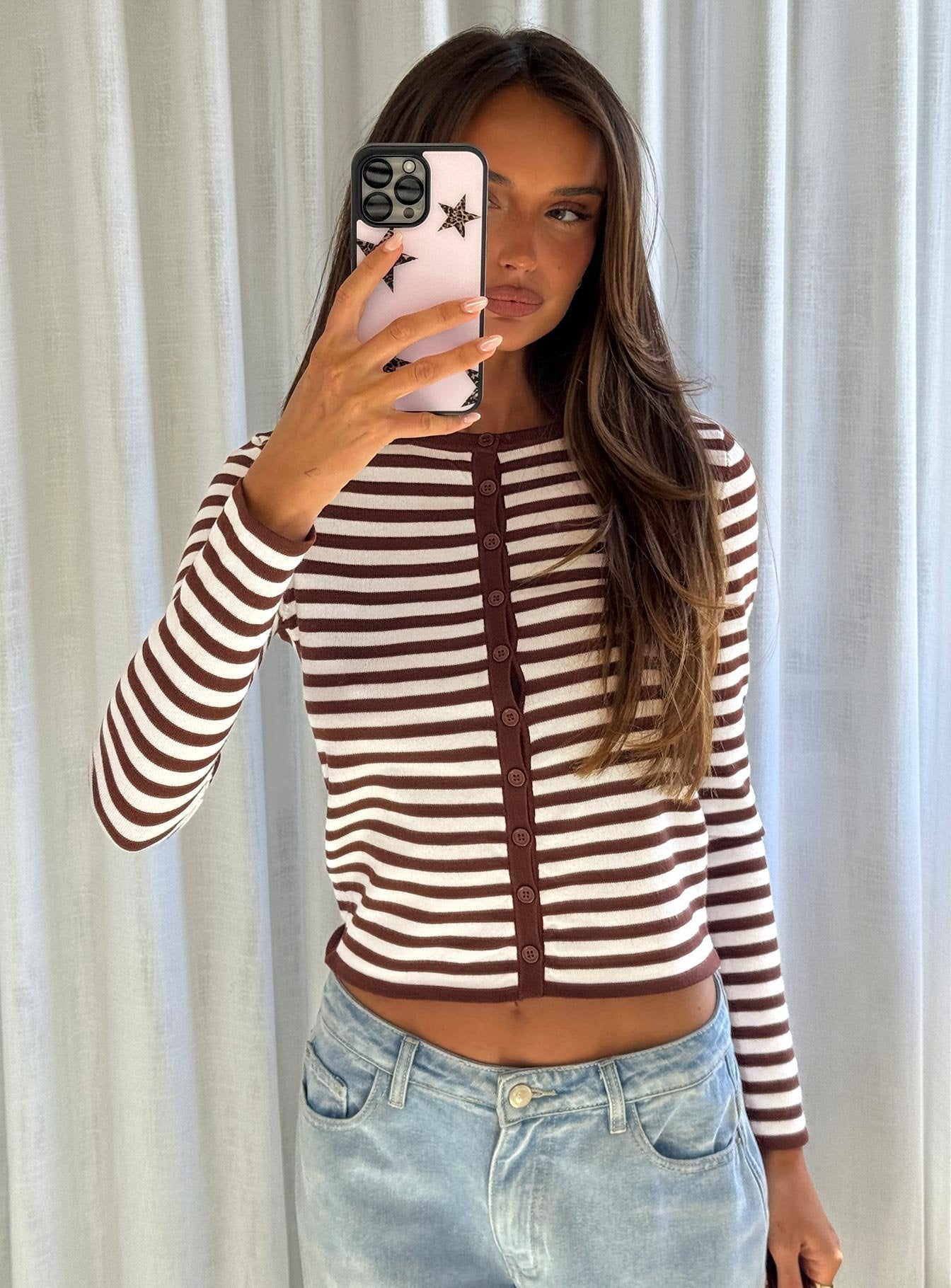 Elcie Button Up Cardigan Brown Stripe women's sweater by Ellevoria