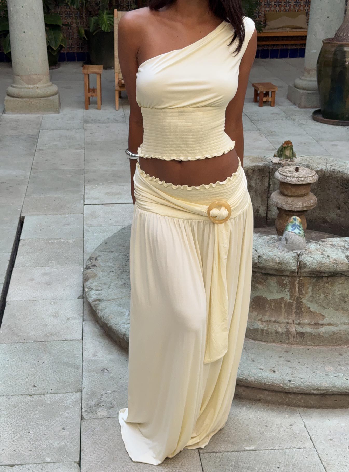 Full Orbit Shirred Maxi Skirt Cream women's skirt by Ellevoria