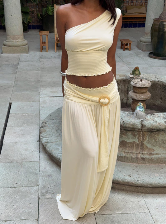 Full Orbit Shirred Maxi Skirt Cream women's skirt by Ellevoria