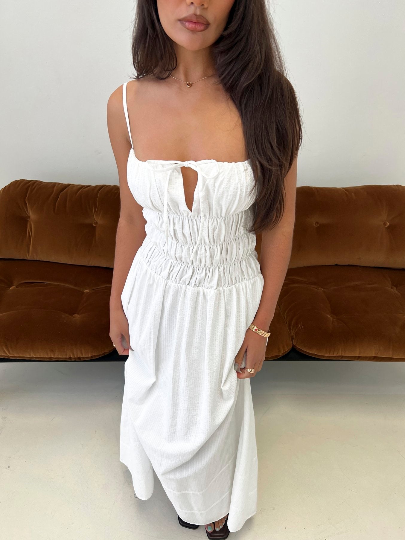 Loralei Shirred Maxi Dress White - women's maxi dress by Ellevoria