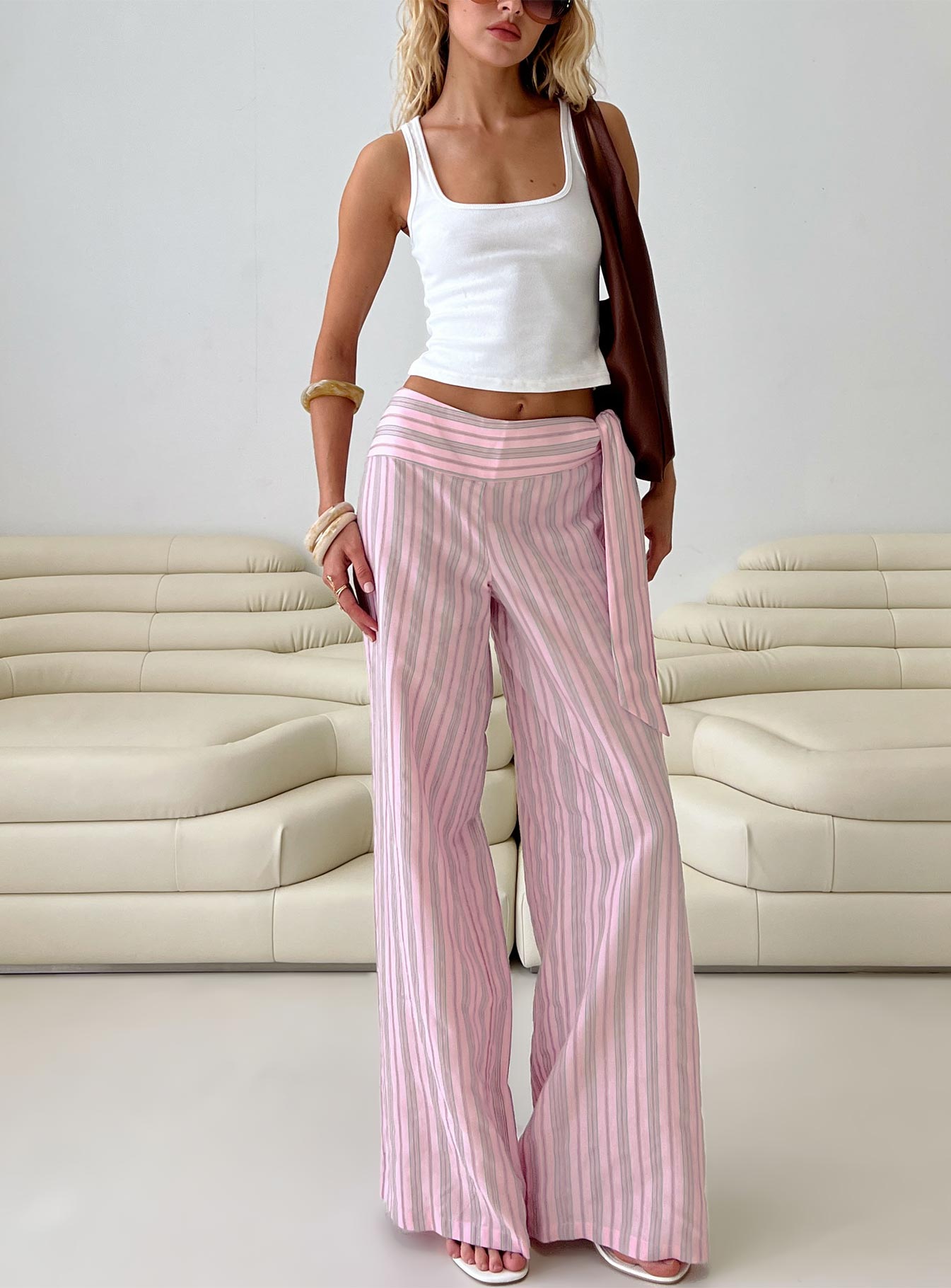 Wave Dancer Tie Pant Pink Stripe - loose fit women's bottoms by Ellevoria