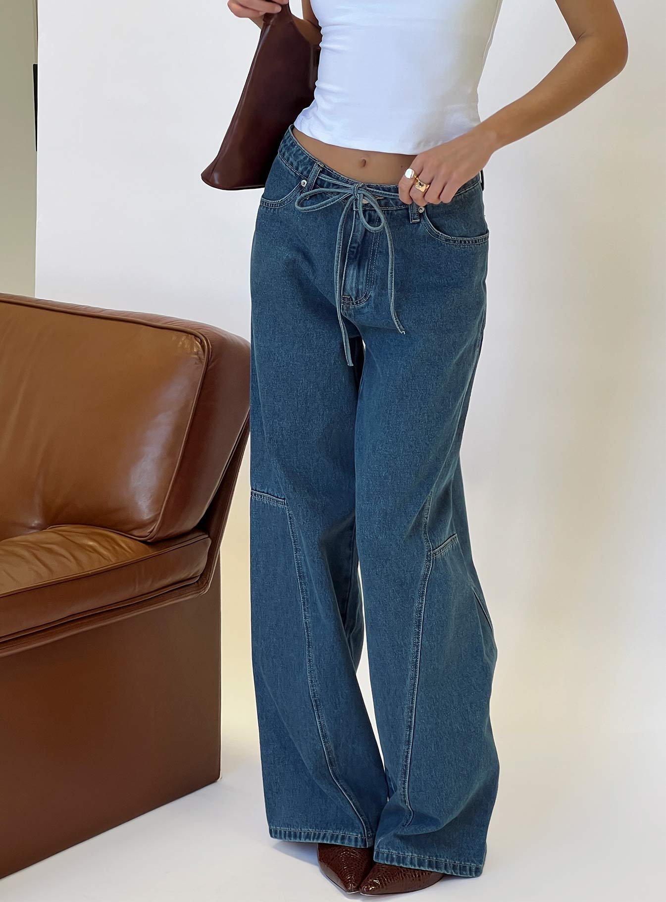 Bruiser Tie Waist Mid Rise Wide Leg Jeans Mid Blue Wash women's denim jeans by Ellevoria
