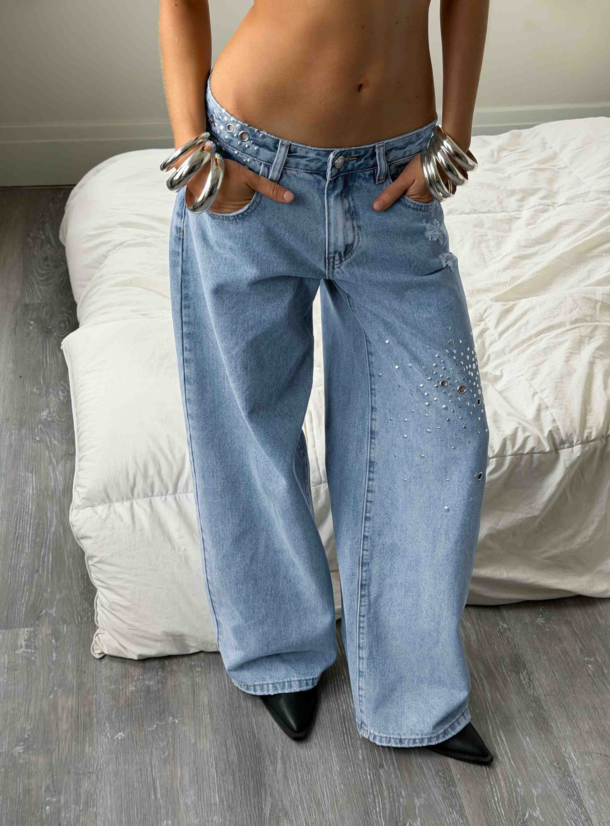 Candi Mid Rise Wide Leg Studded Jeans Light Blue Wash women's denim jeans by Ellevoria