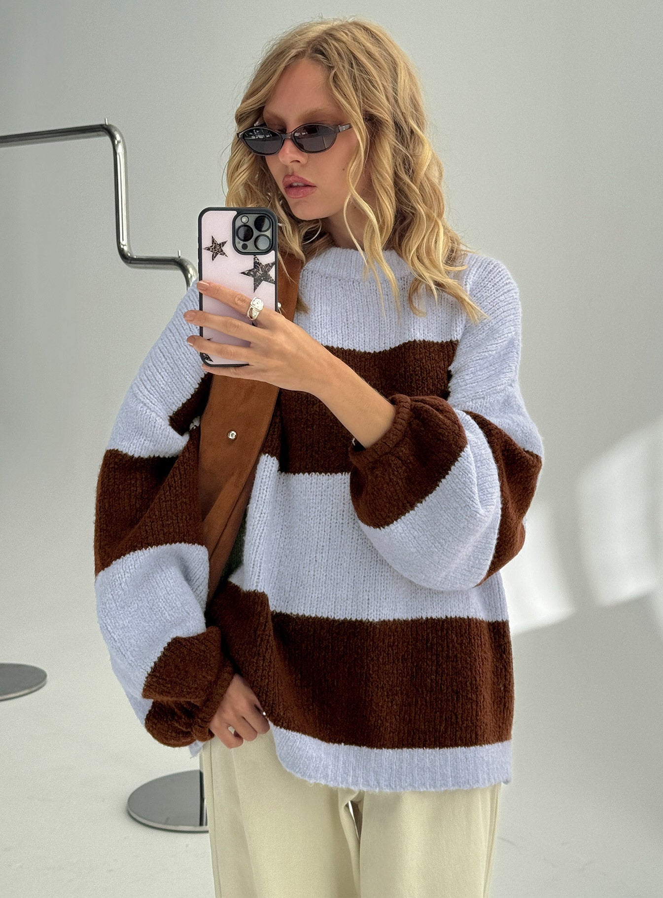 Bastien Crew Neck Knit Sweater Blue / Chocolate Stripe women's sweater by Ellevoria