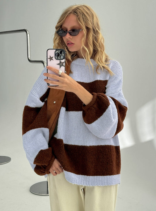 Bastien Crew Neck Knit Sweater Blue / Chocolate Stripe women's sweater by Ellevoria