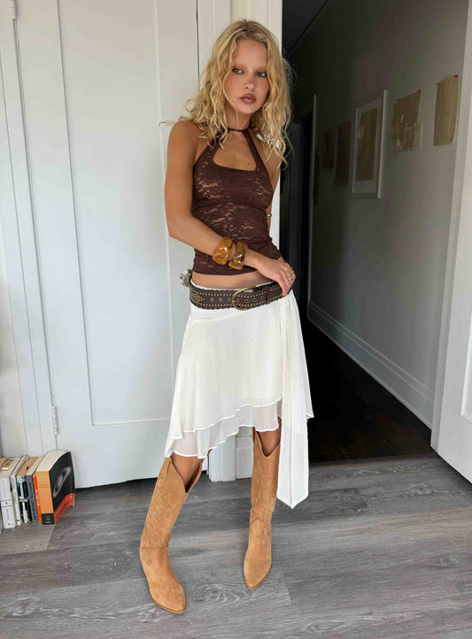 Ophella Tie Waist Chiffon Midi Skirt Cream women's skirt by Ellevoria