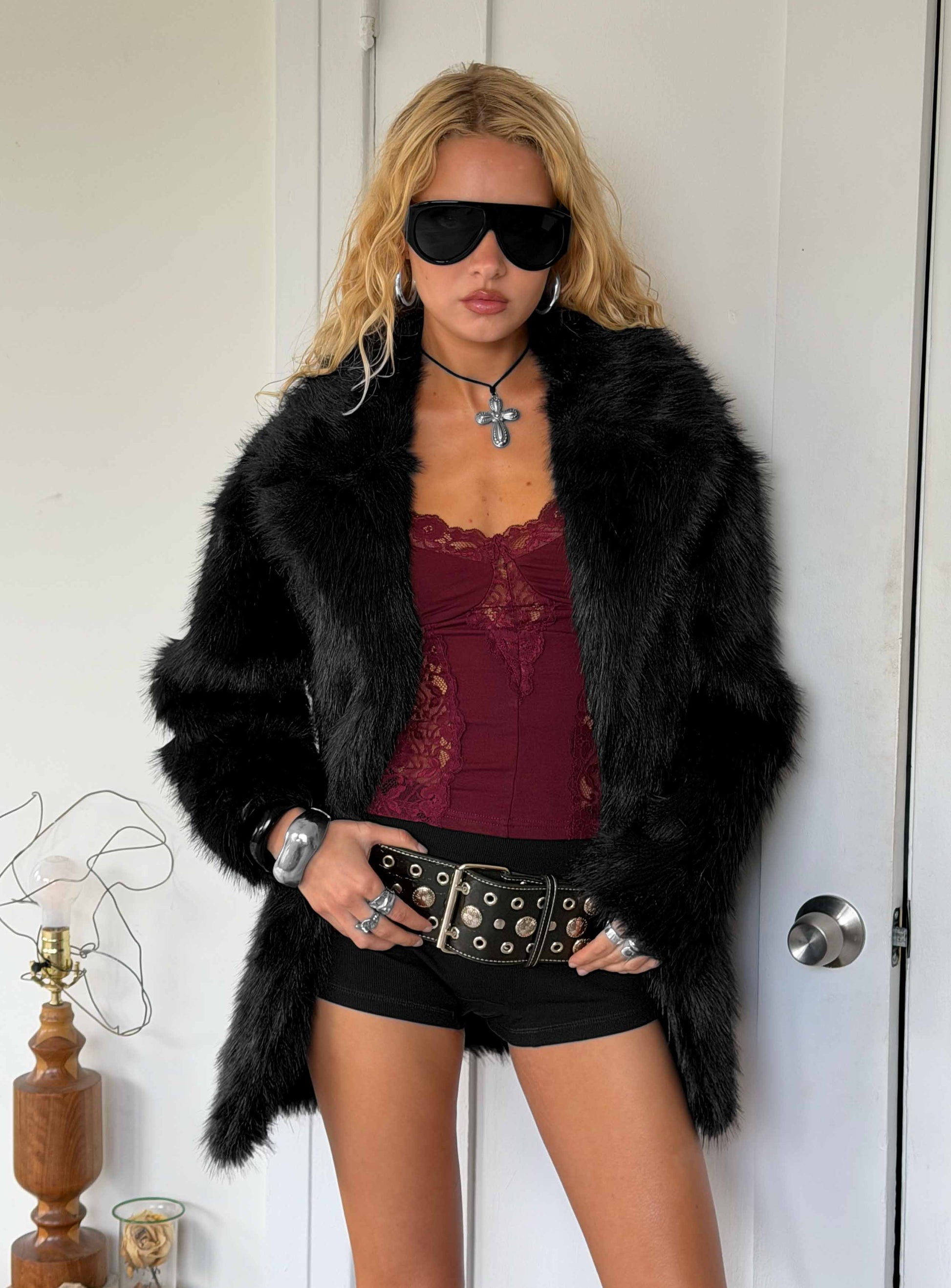 Super Trouper Faux Fur Jacket Black women's jacket by Ellevoria