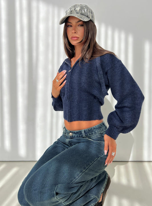 Kieley Zip Through Knit Hoodie Navy women's sweater by Ellevoria