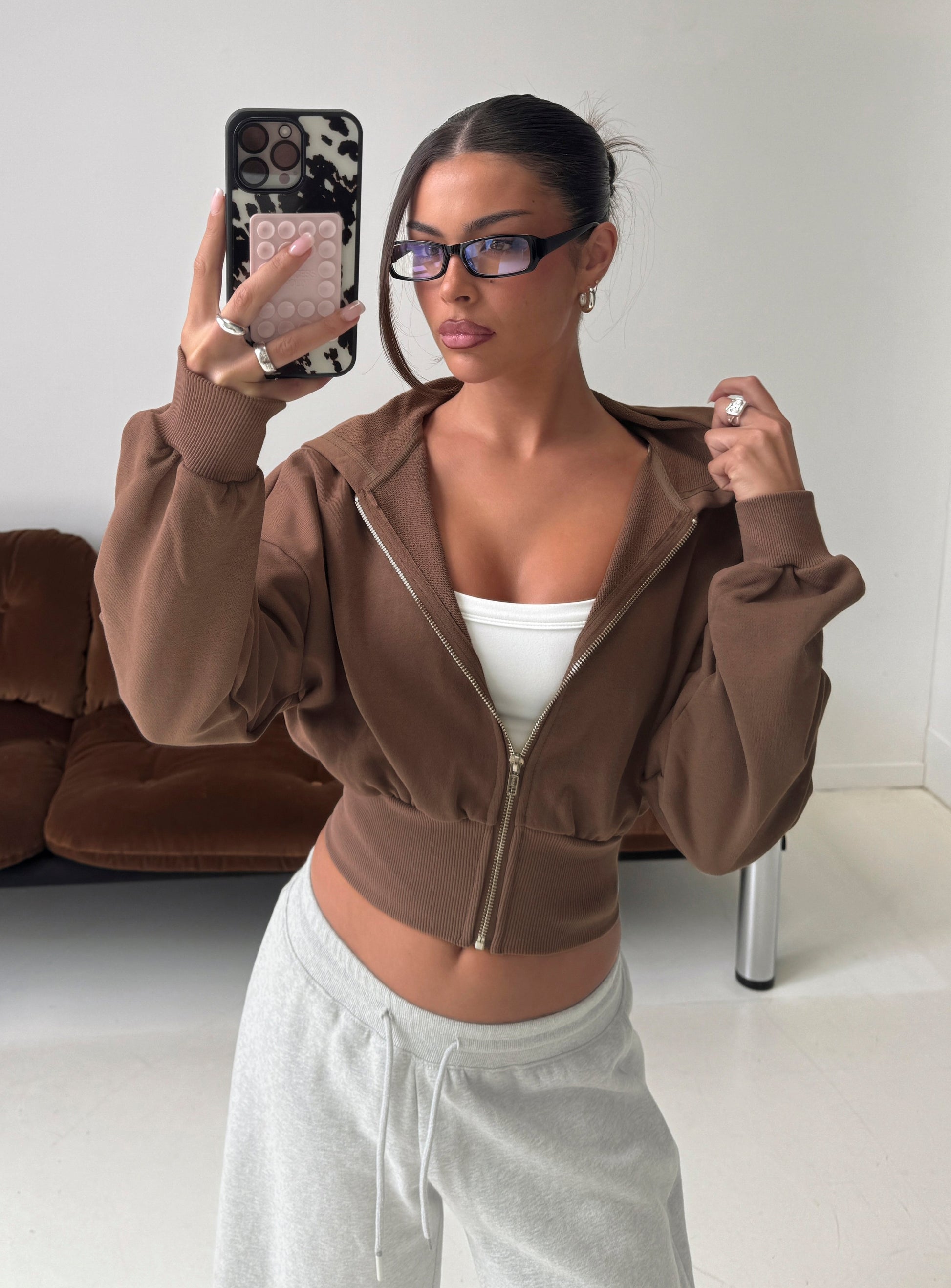 Daytime Cropped Blouson Hoodie Cocoa women's sweater by Ellevoria