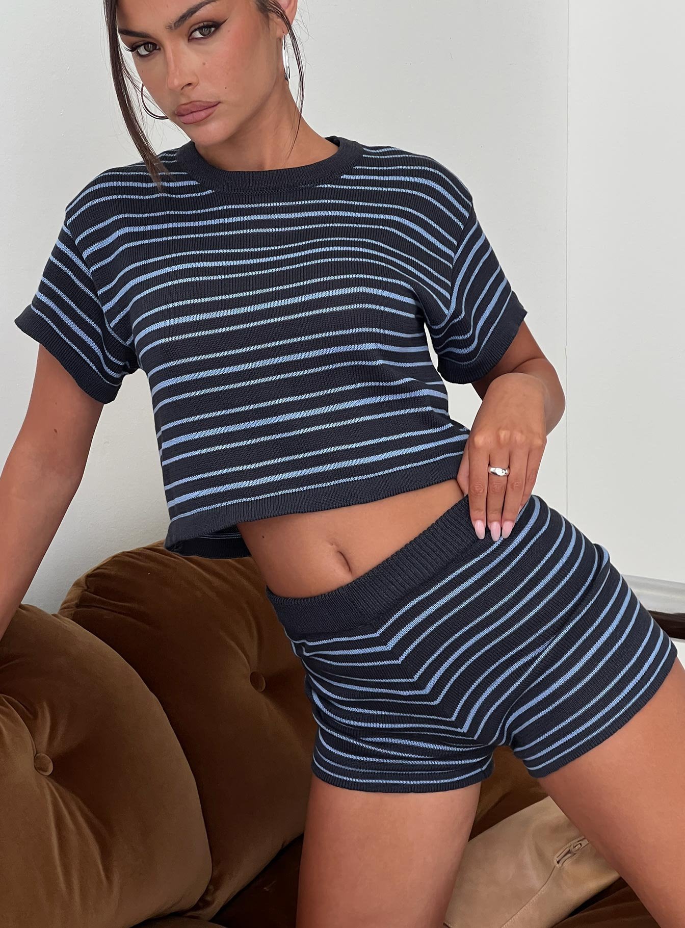 Arlynn Knit Micro Shorts Blue Stripe women's shorts by Ellevoria