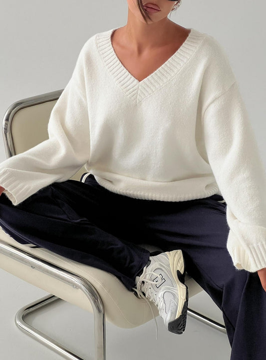 Kaileigh V Neck Knit Sweater Cream women's sweater by Ellevoria