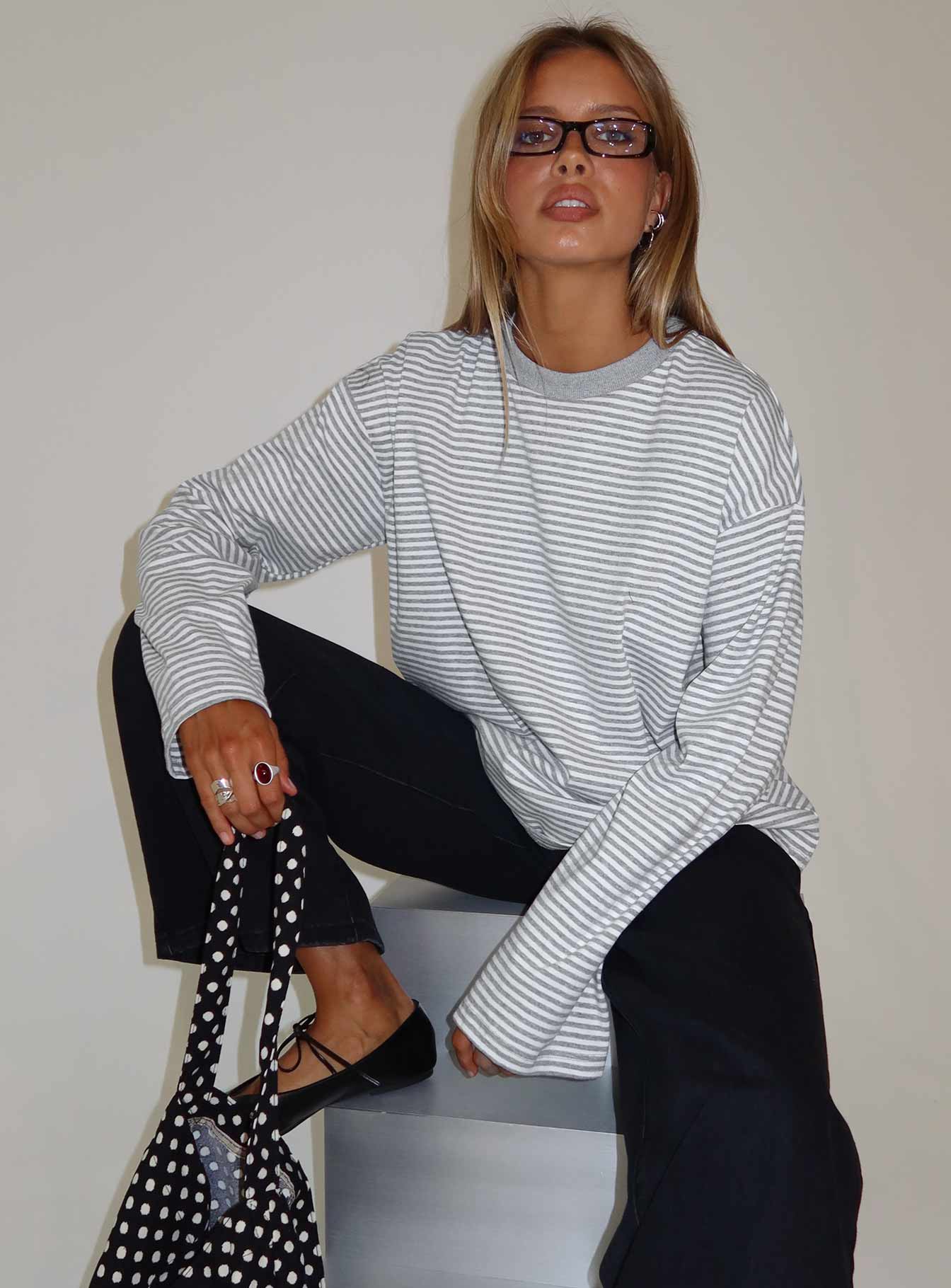 Settle Down Long Sleeve Top Grey / White Stripe women's two piece set by Ellevoria