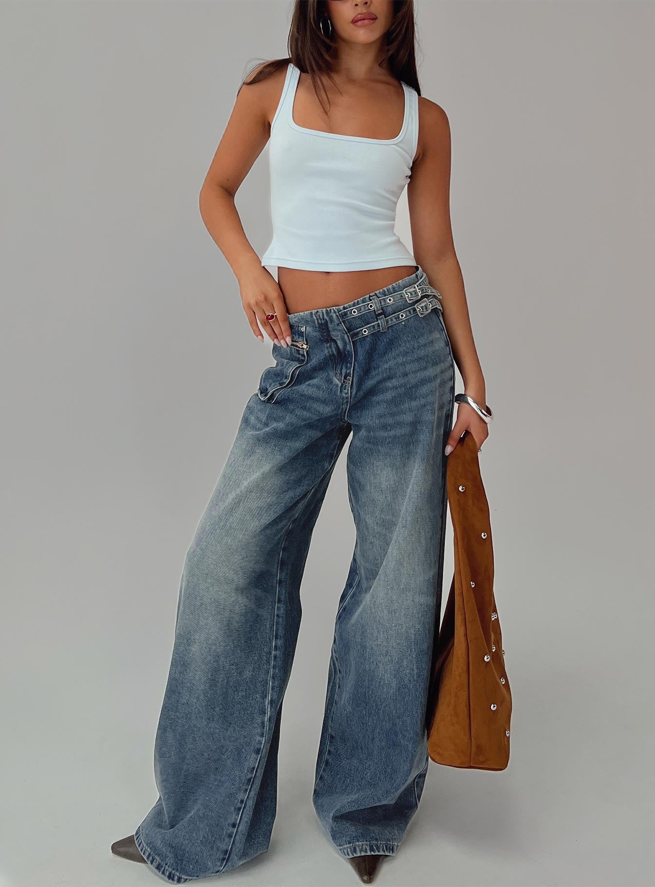 Paltrow Mid Rise Wide Leg Cargo Jeans Mid Blue Wash women's denim jeans by Ellevoria