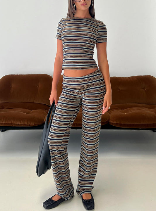 Manolo Foldover Pants Brown / Grey Stripe women's pant set by Ellevoria
