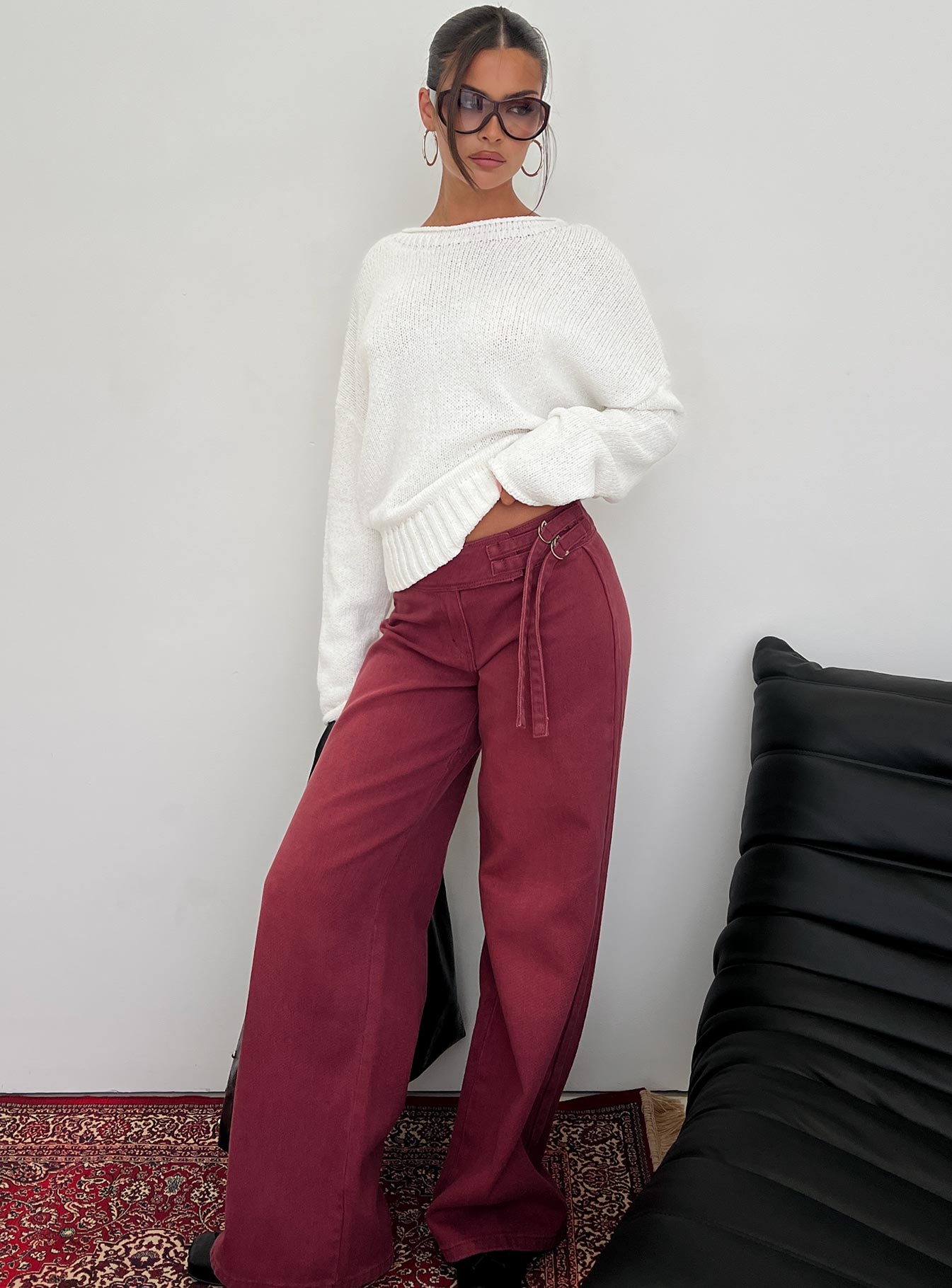 Boxie Mid Rise Wide Leg Jeans Washed Burgundy women's denim jeans by Ellevoria