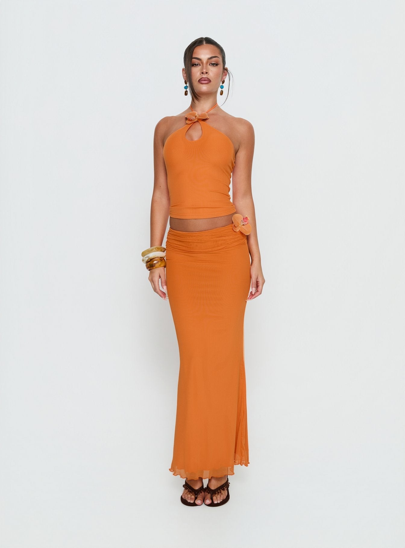 Star Fruit Ruched Waist Maxi Skirt Orange women's two piece set by Ellevoria