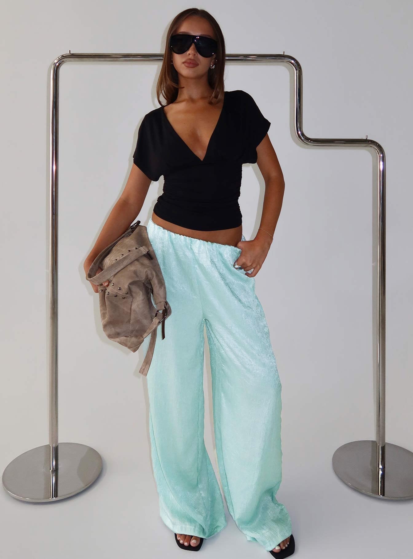 Salona Satin Straight Leg Pants Jelly Mint - loose fit women's bottoms by Ellevoria