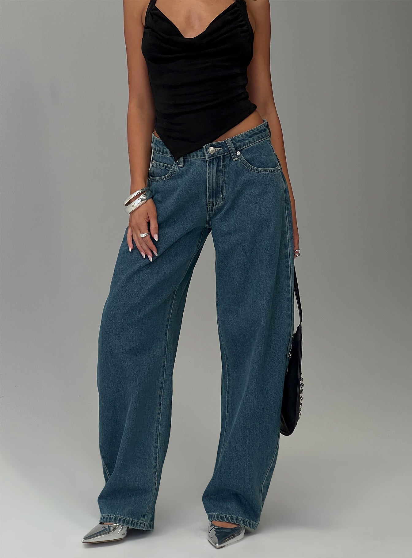 Juda Mid Rise Barrel Leg Jeans Mid Blue Wash women's denim jeans by Ellevoria