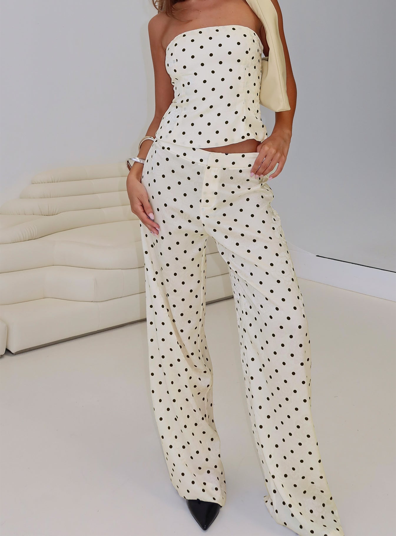 Powdered Sugar Strapless Set Cream Polka women's two piece set by Ellevoria