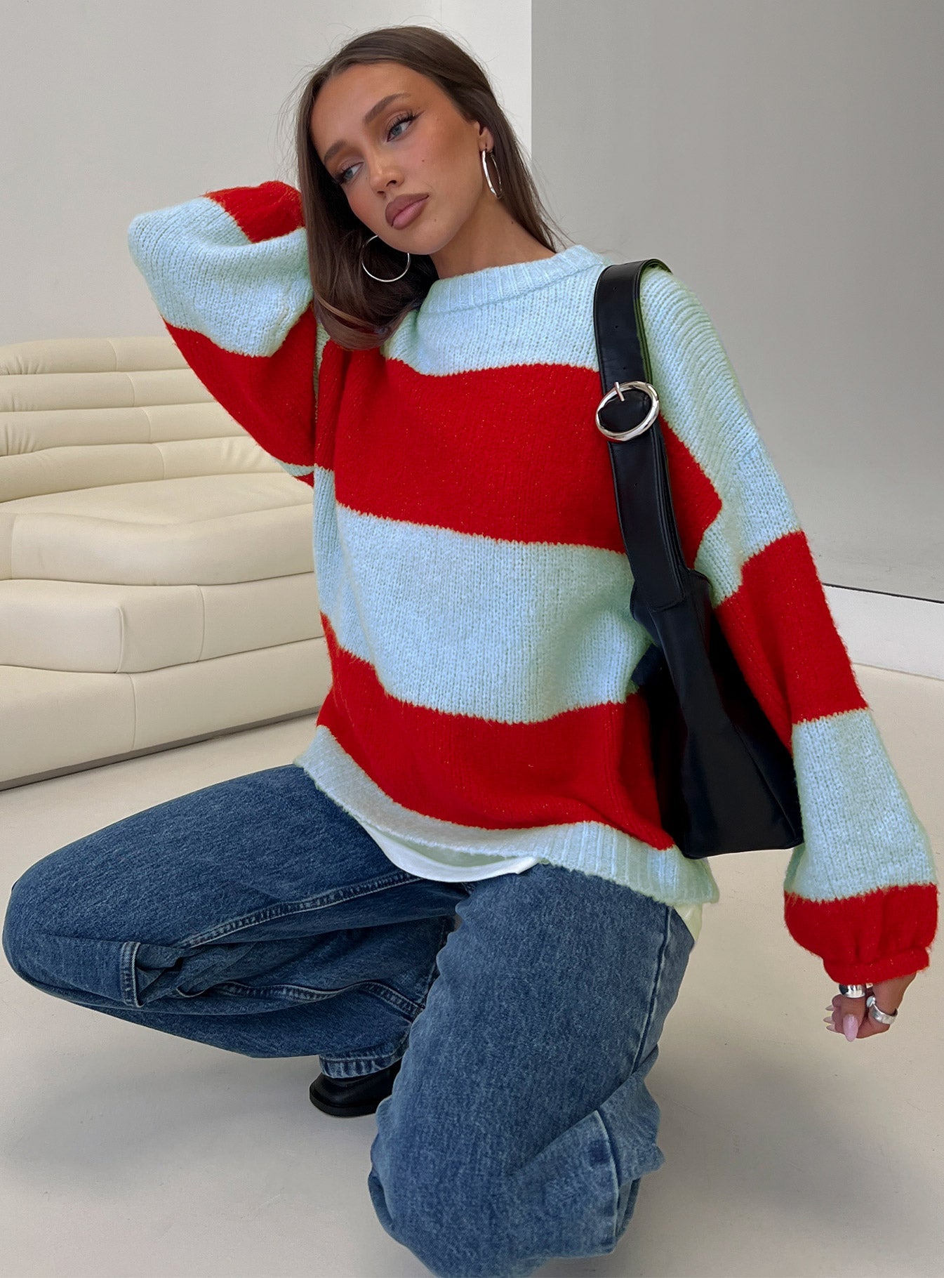 Bastien Crew Neck Knit Sweater Blue / Red women's sweater by Ellevoria
