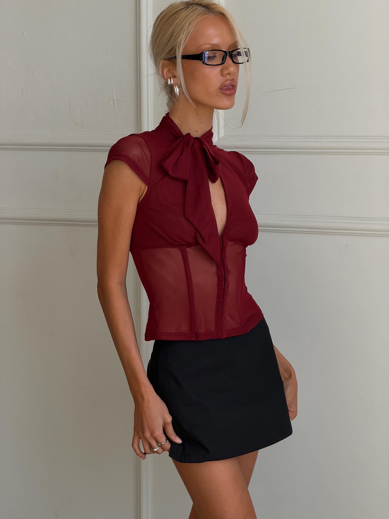 Anistasia Mesh Keyhole Corset Top Burgundy - women's top by Ellevoria - view 10