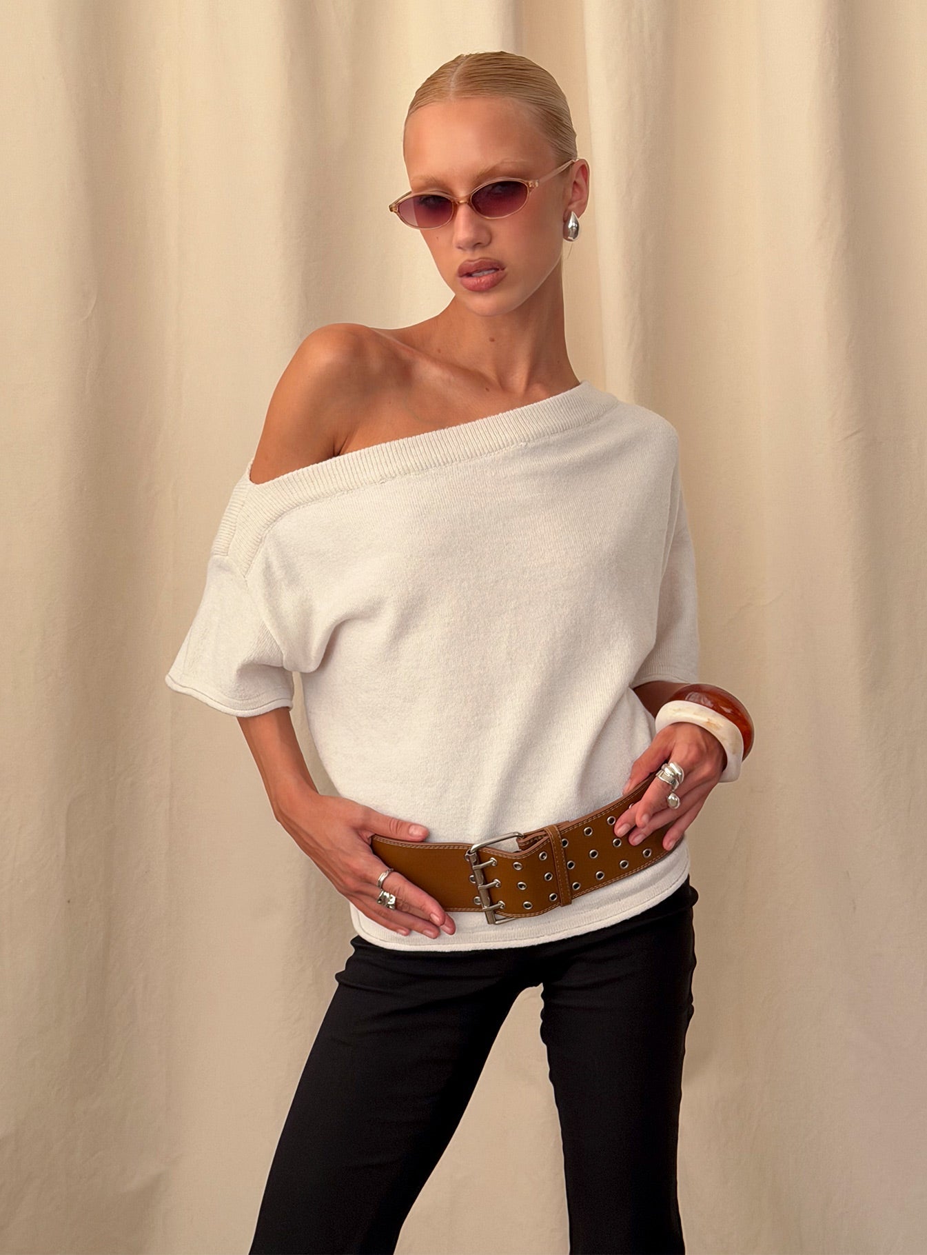 Kourta Off Shoulder Oversized Knit Top Oat women's two piece set by Ellevoria