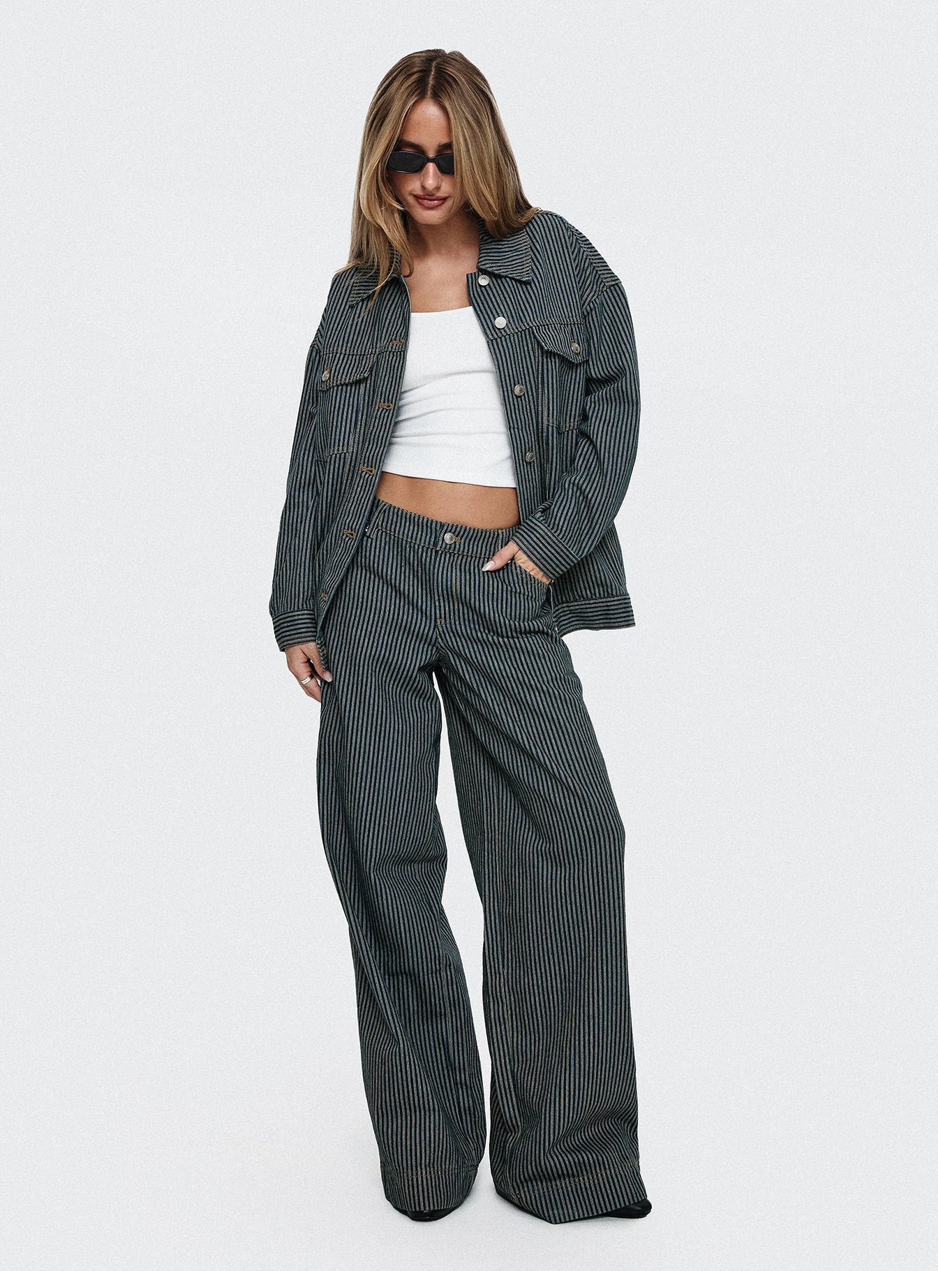 Actually Invested Low Rise Pants Denim Stripe women's pant set by Ellevoria