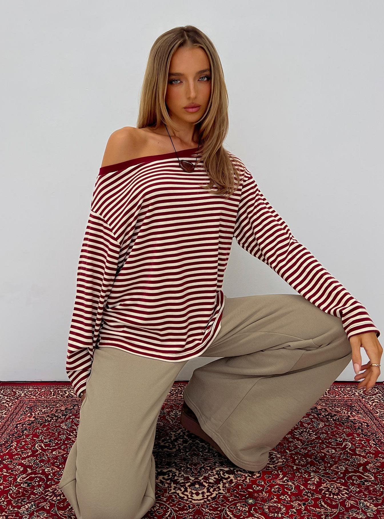 Ralyssa Off Shoulder Long Sleeve Top Red Stripe women's jacket by Ellevoria