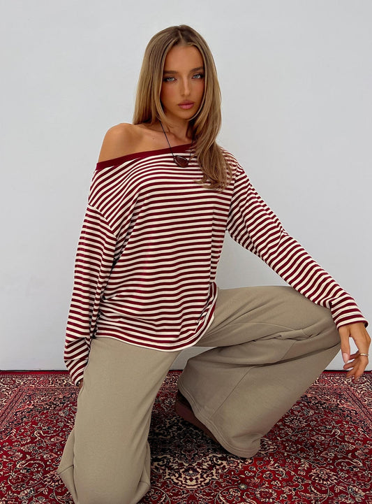 Ralyssa Off Shoulder Long Sleeve Top Red Stripe women's jacket by Ellevoria