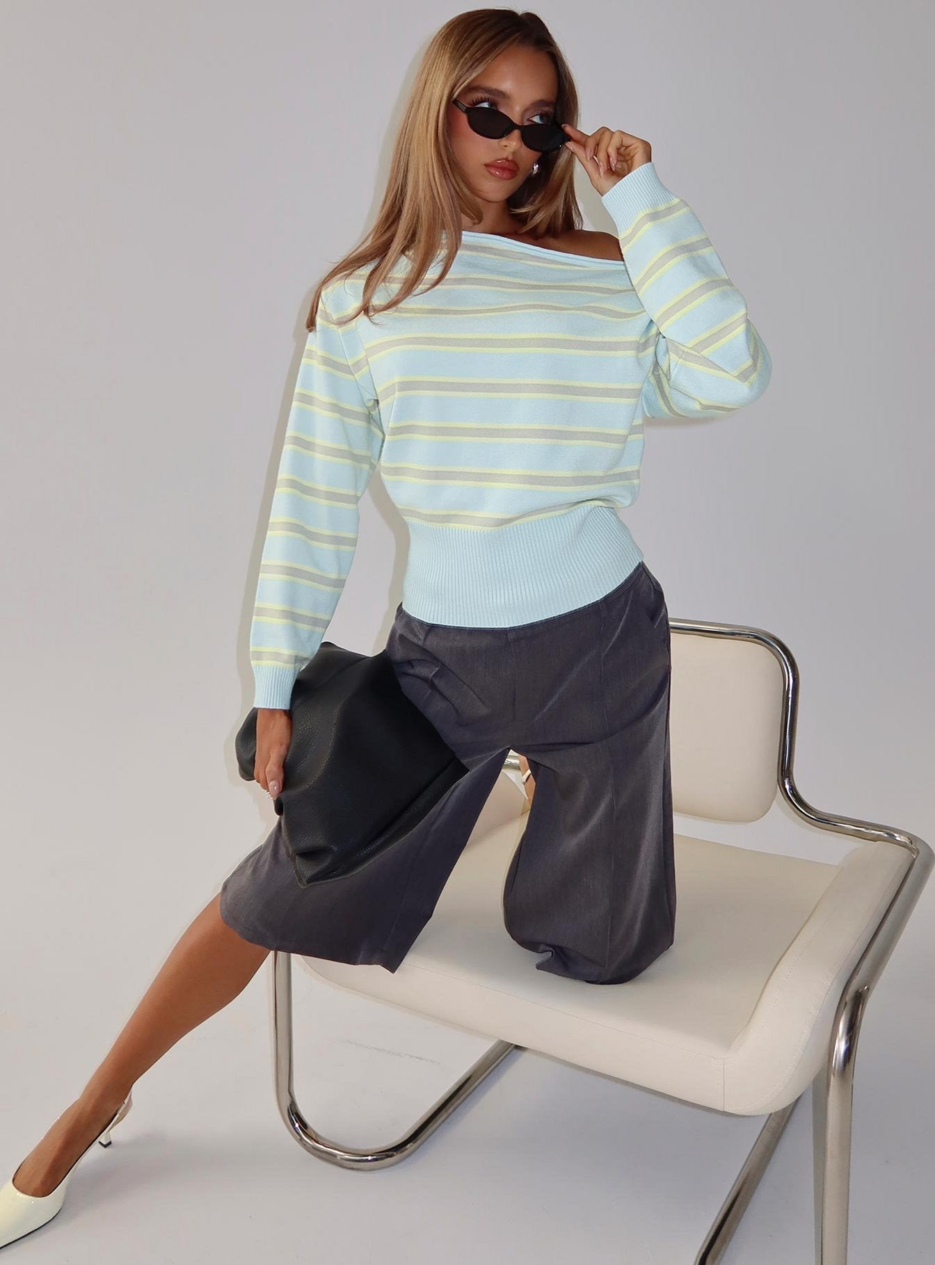 Zinia Off Shoulder Knit Sweater Grey / Blue Stripe women's sweater by Ellevoria