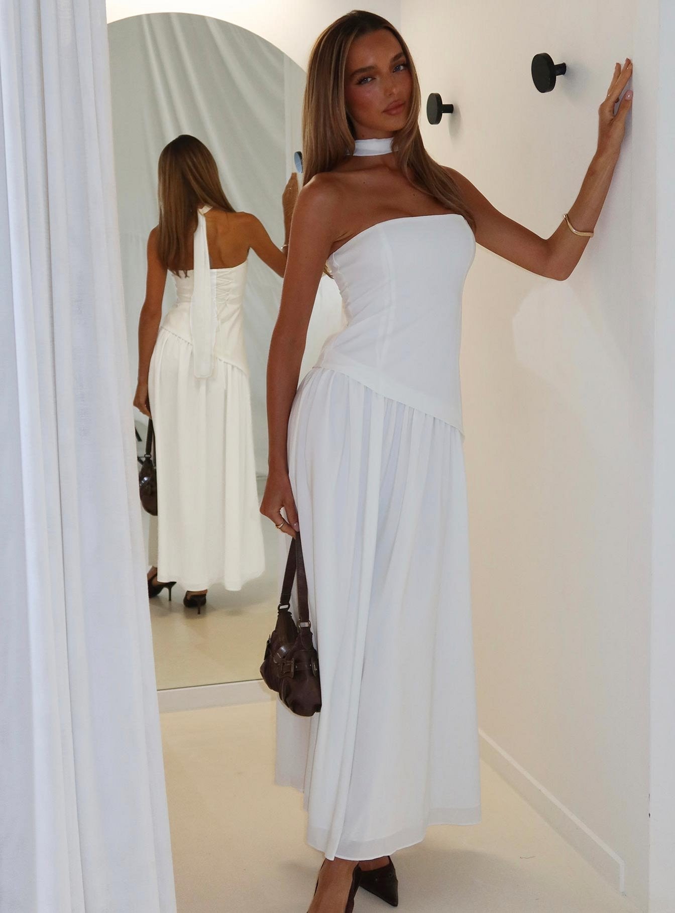 Odela Strapless Scarf Drop Waist Maxi Dress White - women's maxi dress by Ellevoria