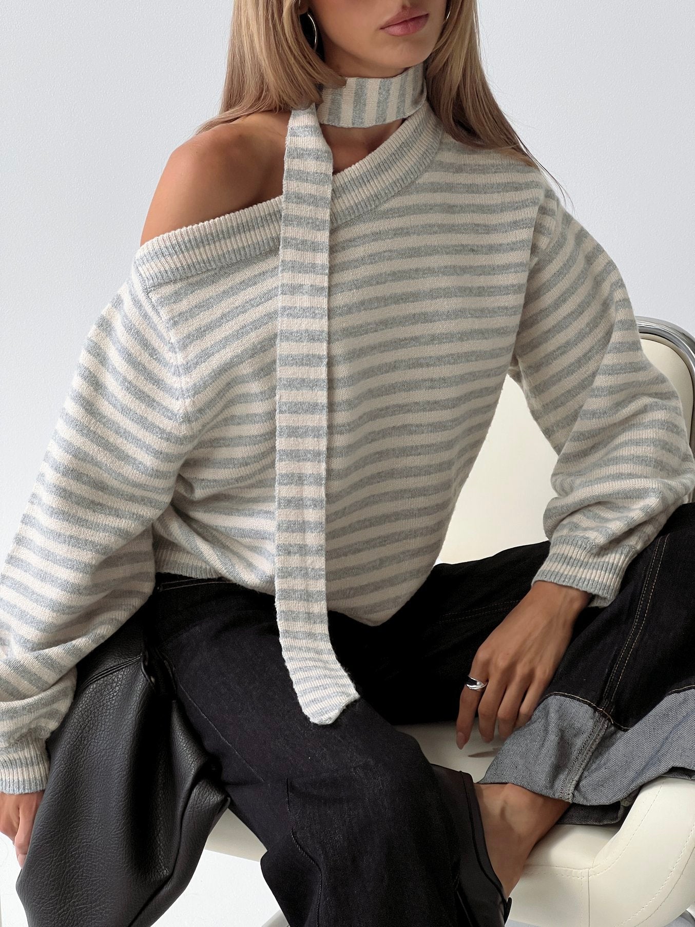 Ruthi Scarf Off Shoulder Knit Sweater Neutral Stripe women's sweater by Ellevoria
