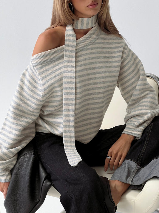 Ruthi Scarf Off Shoulder Knit Sweater Neutral Stripe women's sweater by Ellevoria
