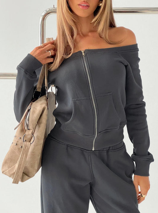 Airazo Off Shoulder Zip Through Jumper Grey women's sweater by Ellevoria