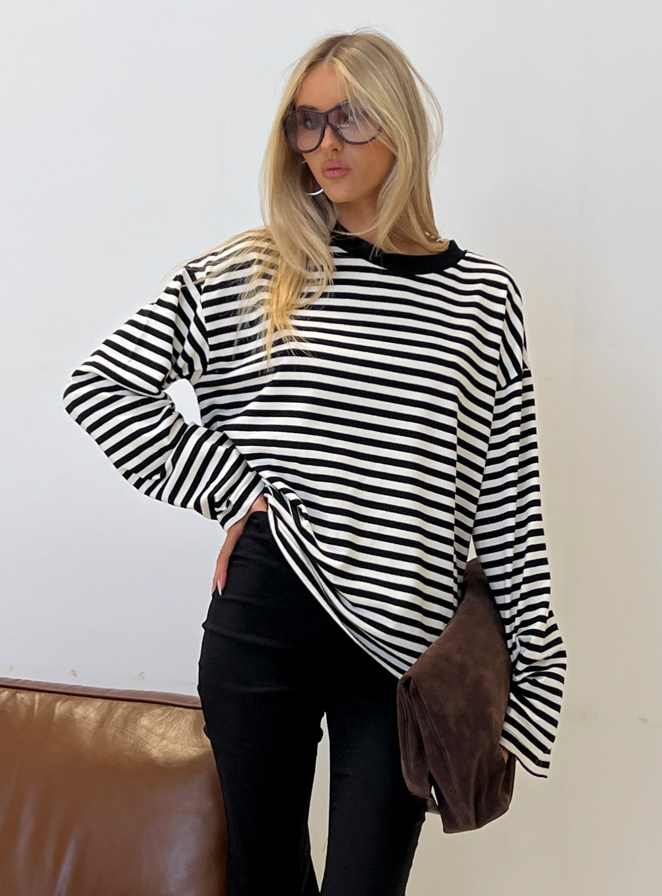 Settle Down Long Sleeve Top Black / White Stripe women's two piece set by Ellevoria