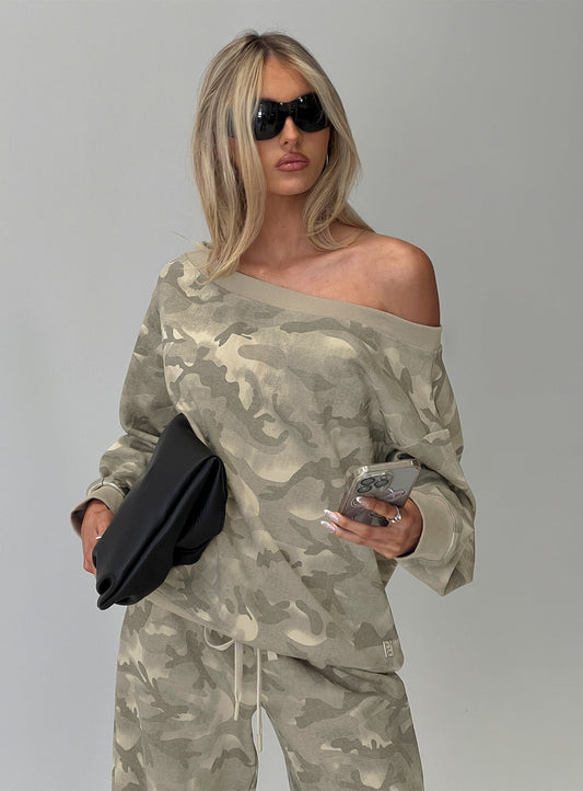 Wellness Off The Shoulder Jumper Washed Camo women's sweater by Ellevoria