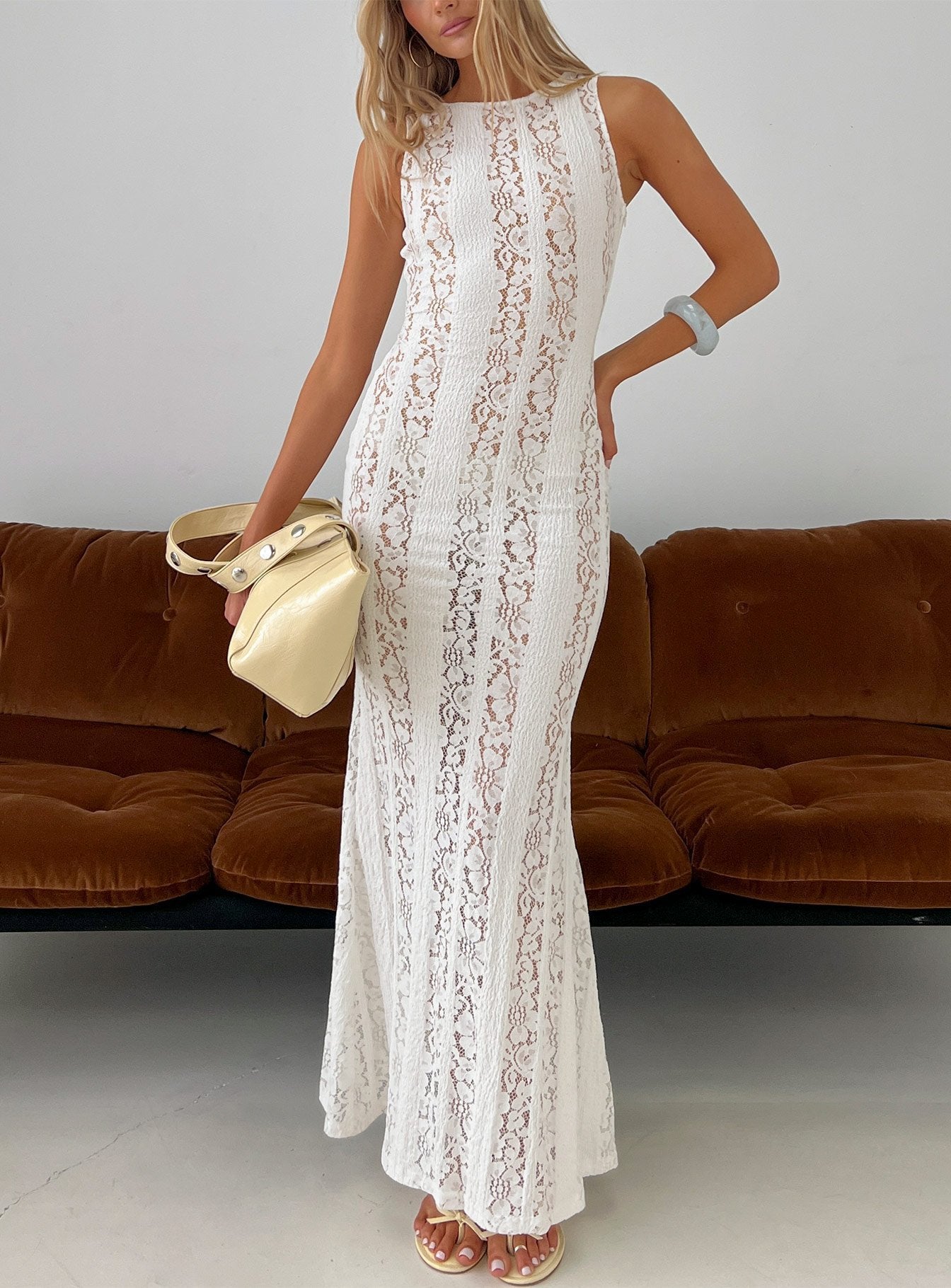 Laurenza Sheer Lace Maxi Dress Off White - women's maxi dress by Ellevoria