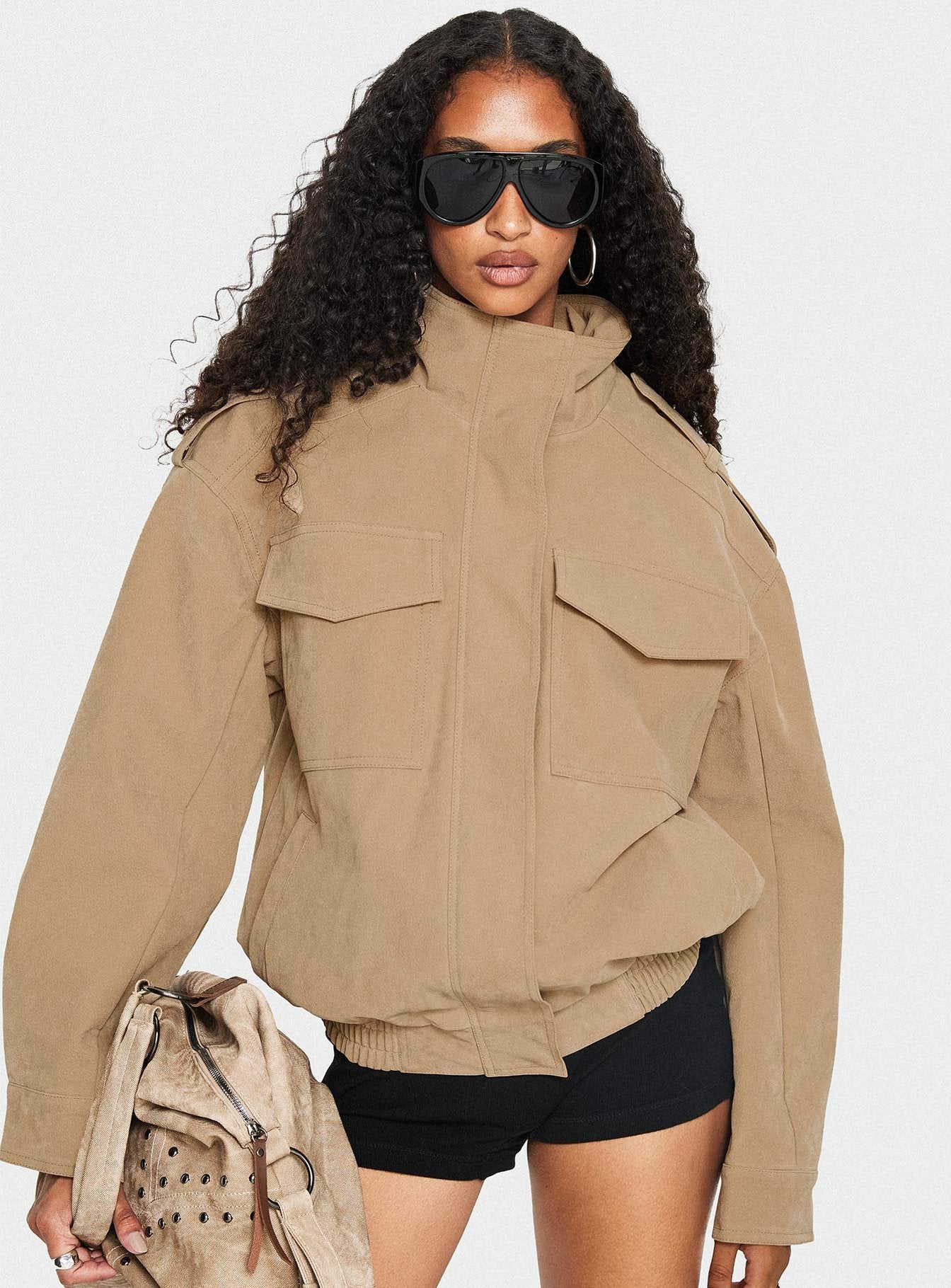 Double Life Funnel Neck Cargo Jacket Beige women's jacket by Ellevoria