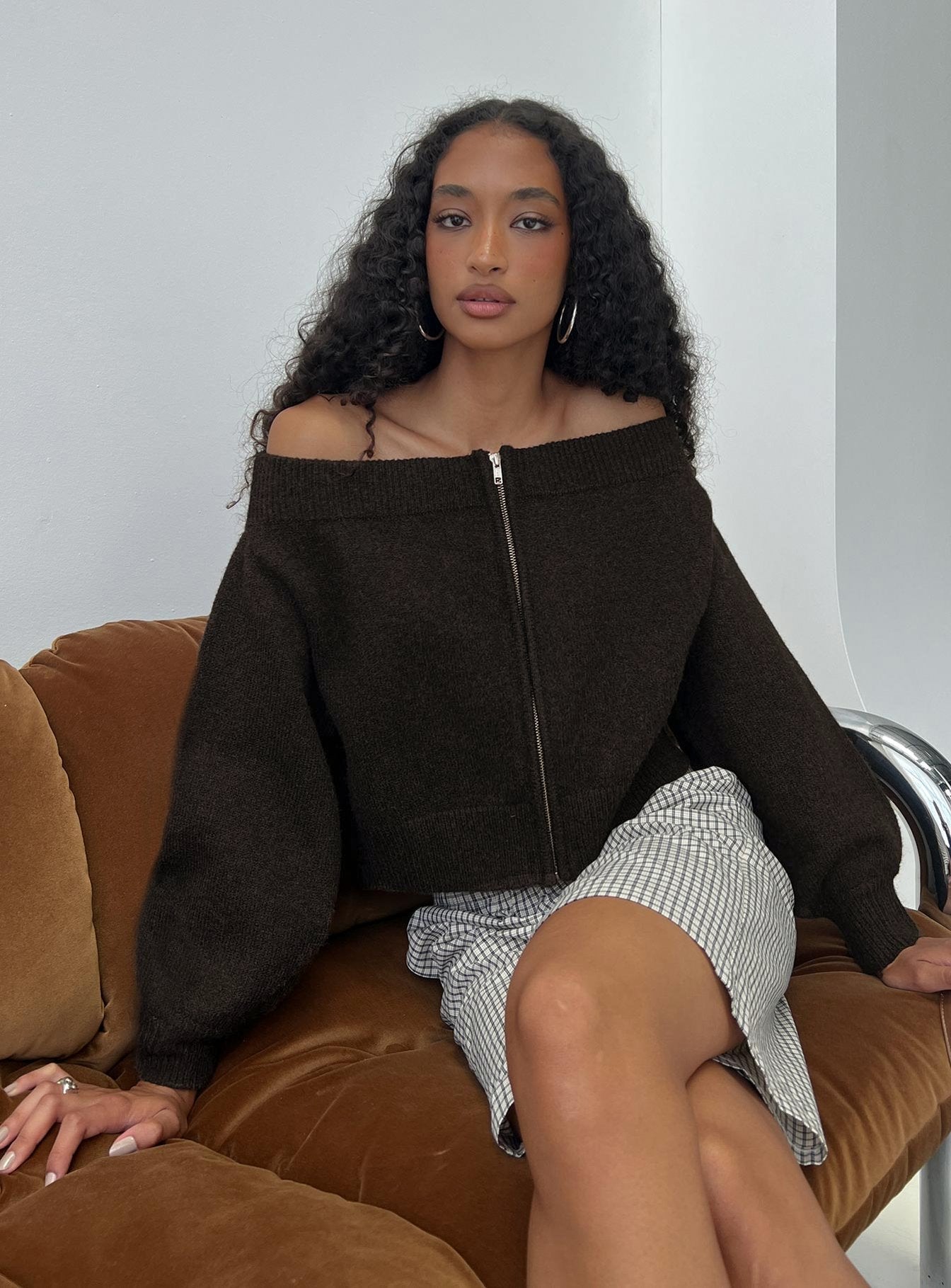 Ortensa Off Shoulder Zip Through Jumper Brown women's sweater by Ellevoria