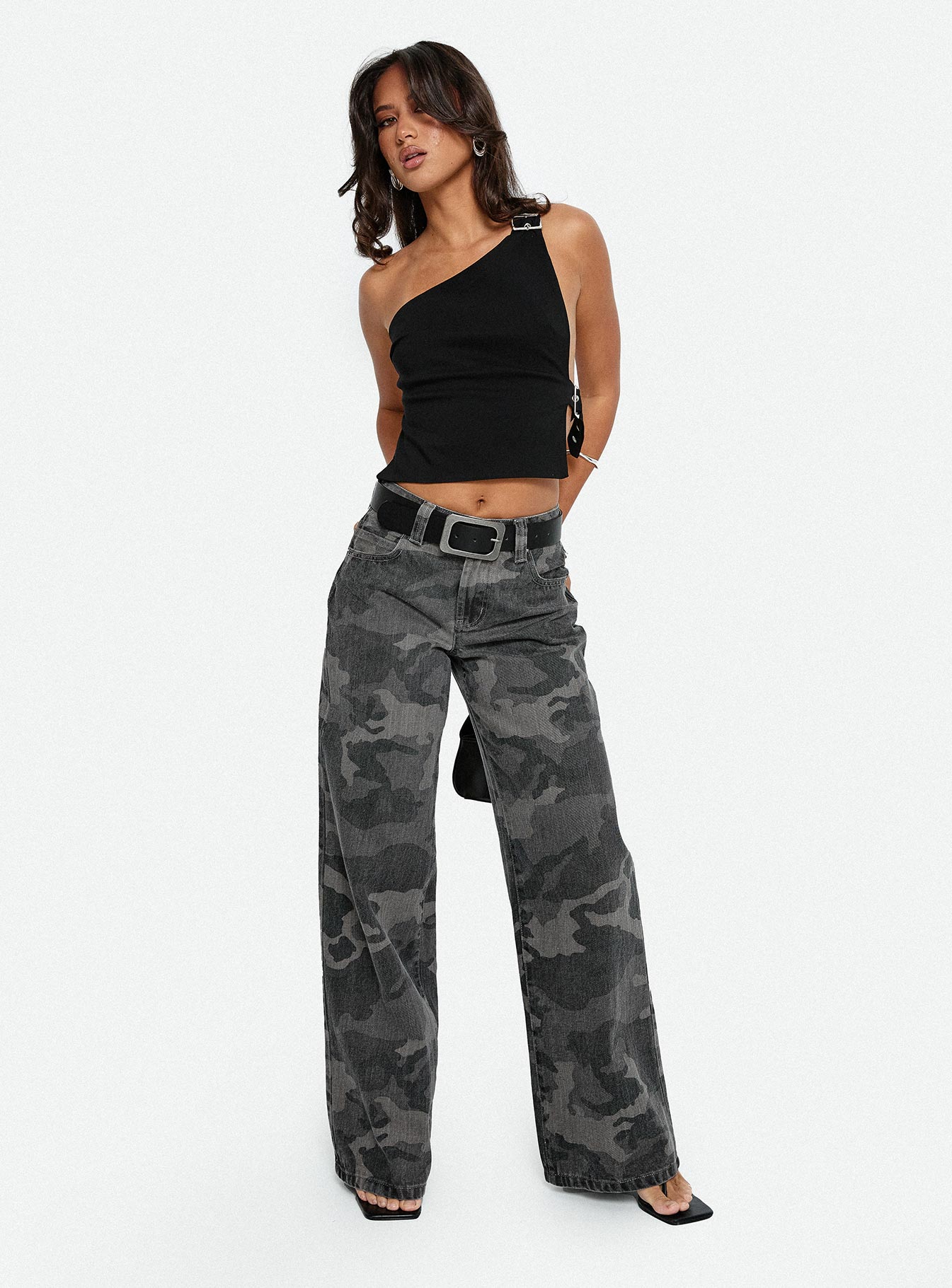 Big Talk Mid Rise Straight Leg Jeans Grey Washed Camo women's denim jeans by Ellevoria