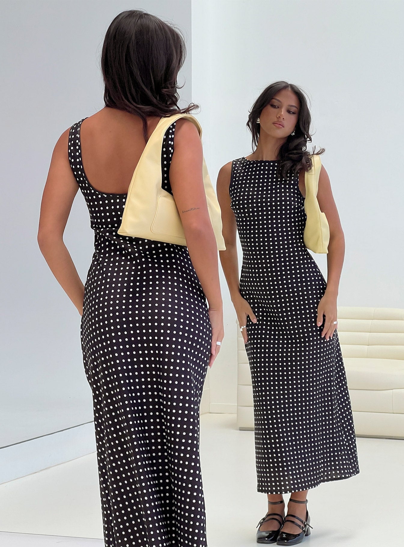 Voyager Linen Blend Midi Dress Black Polka - women's midi dress by Ellevoria