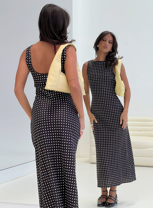 Voyager Linen Blend Midi Dress Black Polka - women's midi dress by Ellevoria