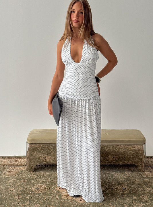 Millen Gathered Waist Halter Maxi Dress White Polka Dot - women's maxi dress by Ellevoria