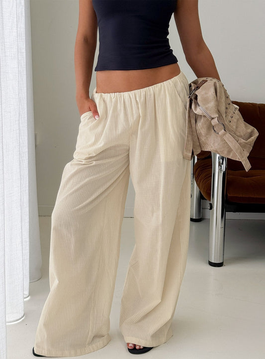 Lunea Concealed Waistband Pants Beige Stripe - loose fit women's bottoms by Ellevoria